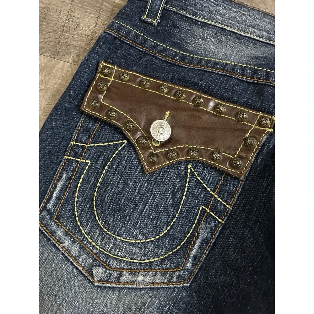 TRUE RELIGION Women's JOEY SUPER T BOOTCUT Jeans Leather Studded Flap Pockets 32